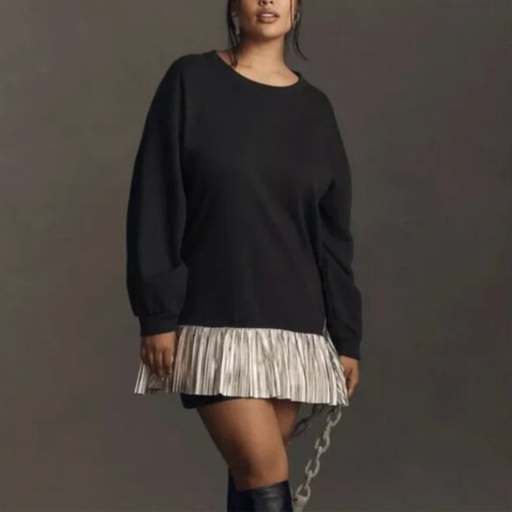 Anthropologie Pilcro Black Sweatshirt Silver Metallic Trim Tunic Mini Dress Sz M